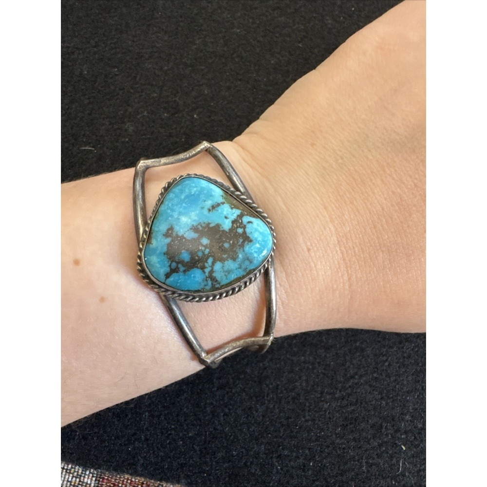 Vintage Navajo sterling silver split shank Large turquoise cuff bracelet - Picture 12 of 13